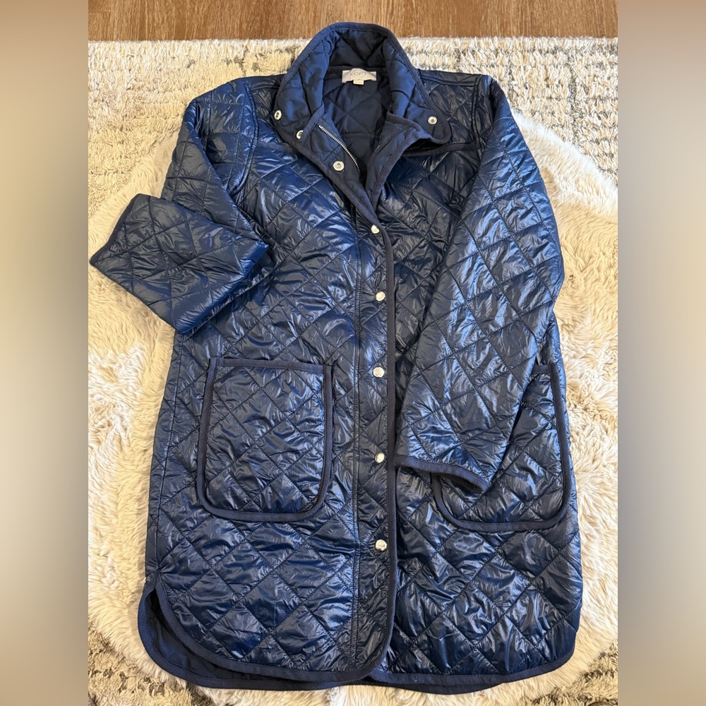 LOFT Quilted Longline Coat Navy Blue Snap Front Women’s XS